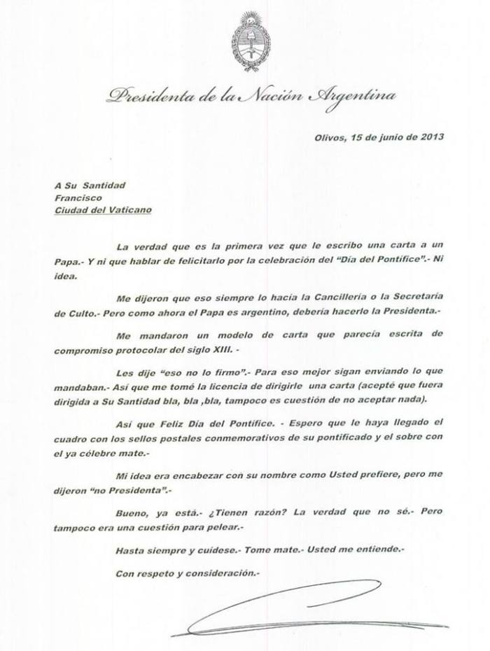 CARTA DE CRISTINA A BERGOGLIO