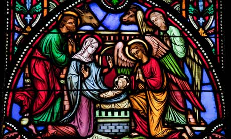 Nativity Scene on Christmas. This window was created in 1866, no property release is required.