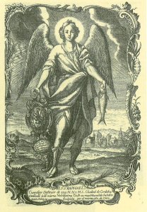 Estampa de San Rafael, de juan Díaz, de 1752, basado en Antonio del Castillo