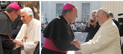 Pope Benedict XVI greets Bishop David M. O'Connell of Trenton, N.J., during his general audience in Paul VI hall at the Vatican Dec. 7. Bishop O'Connell and other New Jersey bishops were making their "ad limina" visits to the Vatican to report on the status of their dioceses. (CNS photo/Paul Haring) (Dec. 7, 2011) See POPE-AUDIENCE Dec. 7, 2011.